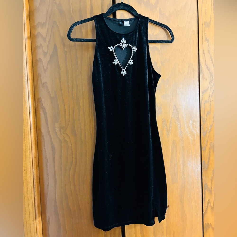 Divided velour women’s mini dress with gemstone cutout